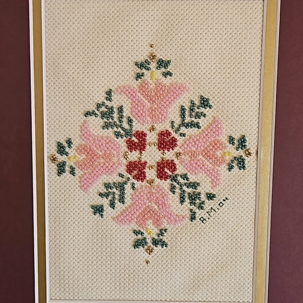 Hand Crafted Glass Beaded Art Floral Needlepoint Beadwork Pink Flower Framed